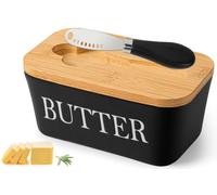 Beurrier en céramique avec couvercle en bois, couteau à beurre, multifonction, en porcelaine, 250 g, cloche à beurre, pour la maison et la cuisine, noir