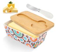 Beurrier en céramique avec couvercle en bois et couteau à beurre Boîte de rangement pour le beurre, dimensions 14,8 x 8,5 x 6,5 cm Plateau à beurres de style bohème convient aux cuisines domestiques