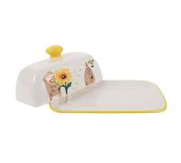 Beurrier en Céramique avec Couvercle, Plateau Large Décoratif Cuisine | Motifs Tournesol et Abeille, Format 8,7x4,9 Pouces, Service Facile au Quotidien