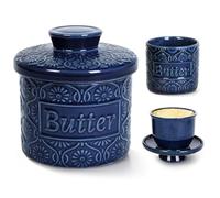Beurrier en céramique avec couvercle refroidi à l'eau - Cadeau de Noël pour la cuisine - Bleu