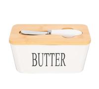 Beurrier en Céramique Blanche Couvercle en Bois et Coupe-beurre | Usage Réfrigérateur, Conservation Alimentaire, Boîte à Beurre, Format Compact Cuisine, Accessoires Inclus