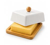 Beurrier en céramique, cloche à beurre pour 250 g de beurre, 14,7 x 11,5 x | Beurrier élégant en porcelaine avec fond en bambou, passe au lave-vaisselle, pour cuisine et table
