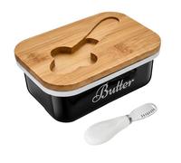 Beurrier en Métal, 450ml Conteneur à Beurre avec Couvercle en Bambou et Couteau pour Tablede Cuisine et Réfrigérateur Beurrier pour Placer du Beurre du Fromage Fruit Salade Biscuit (Noir)