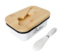 Beurrier en Métal, 450ml Conteneur à Beurre avec Couvercle en Bambou et Couteau pour Tablede Cuisine et Réfrigérateur Beurrier pour Placer du Beurre du Fromage Fruit Salade Biscuit (Blanc)