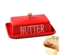 Beurrier en Porcelaine, Récipient à Beurre, Beurrier avec Poignée, Récipient à Beurre en Céramique, Contient 250 g de beurre, Lavable au lave-vaisselle, 18 x 13 x 8 cm, Rouge, Autocollants de Lettres