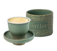 Beurrier Français en Céramique avec Refroidissement à l’Eau, Pot à Beurre en Porcelaine pour Beurre Frais et Tartinable (Vert, 6.7oz)
