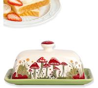Beurrier Vert avec Couvercle, Beurrier en Céramique avec Plateau, Joli Beurrier Champignon pour Conservation du Beurre, Boîte à Beurre Décorative pour Cuisine et Cadeau, Vert, 19 x 10 cm