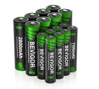 BEVIGOR Kit De 16 Piles Rechargeables AA Et AAA NiMH, Haute Capacité (8 AA + 8 AAA), Préchargées