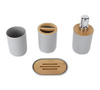 Bewinner Ensemble d'accessoires de Salle de Bain en Bambou, 4 Pièces, Tasse de Brosse à Dents étanche, Porte-Savon, Distributeur de Lotion, Tasse à Dents pour Maison, Cadeau d'hôtel (Gray)
