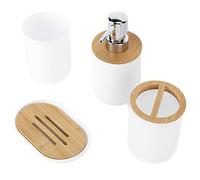 Bewinner Ensemble d'accessoires de Salle de Bain en Bambou, 4 Pièces, Tasse de Brosse à Dents étanche, Porte-Savon, Distributeur de Lotion, Tasse à Dents pour Maison, Cadeau d'hôtel (White)