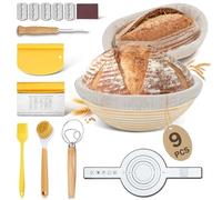 BEWOS Banneton pour Pain de 9 pièces pour le Pain, Corbeille a Pain Ovale de 25 cm et Banneton Rond de 23 cm, en Rotin Naturel, avec Brosse, Racloir et Housse en lin, Pour la Fermentation de la pâte