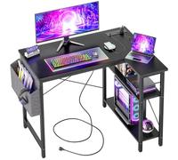 BEXEVUE Bureau d’Angle avec Multiprise et Étagères, 100 x 70 cm Bureau Gaming Informatique Petit Modèle avec Rangement Latéral, Table d’Ordinateur Forme L Réversible pour Travail et Études, Noir