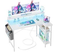 BEXEVUE Bureau d'angle avec LED Prise de Courant - 120x70 cm Grand Table Ordinateur Forme L, Etagères Rangements, Bureau Informatique Angle Réversible pour Etudier Travailler Chambre Domicile