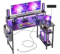 BEXEVUE Bureau Gaming d'angle avec LED Prise de Courant, 120x70 cm Grand Table Ordinateur Forme L, Etagères Rangements, Bureau Informatique Angle Réversible pour Etudier Travailler Chambre Domicile