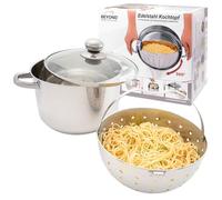 BEYOND Casserole à Pâtes 24 cm Acier Inoxydable - Couvercle en Verre, Passoire Amovible, Compatible Induction, Cuiseur Multifonction, Faitout avec Égouttoir Intégré