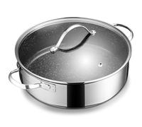 BEZIA Sauteuse Basse en Inox 18/10 de 28 cm | Faitout Bas avec Couvercle 5,1 L | Plat à Sauter Revêtement Antiadhésif Effet Pierre, Poêle de Service Tous Feux dont Induction, Résistant au Oven