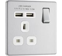 BG Electrical fbs21u2w Masterplug Prise simple 2,1 A avec 2 ports USB, acier brossé, insert blanc