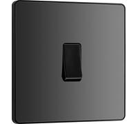 BG Electrical PCDBC12B Interrupteur mural simple, 2 voies, plaque avant sans vis, bords arrondis, noir chromé, 20 A, 16 AX, PCDBC12B