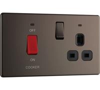BG FBN70B Interrupteur de cuisinière électrique avec prise et LED, prise de commande, double pôle, plaque avant sans vis, profil fin, plaque plate de qualité supérieure, nickel noir, 45 A