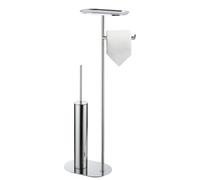 BGL Porte-Papier sur Pied avec Brosse WC chromée, Manche Long | Serviteur WC chromé 3-en-1 avec porte-rouleau, tablette et brosse à manche long; autoportant et sans perçage.
