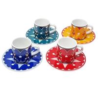 Bialetti Lot de 4 tasses à café et soucoupes assorties colorées avec oursons Joyful Memories en céramique 70 ml lavables