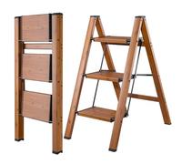 BIBKOKE Escabeau Pliable à 3 marches en Aluminium Finition Grain de Bois, trépied antidérapant, Portable, Robuste pour la Maison et la Cuisine, Le Bureau, 150 kg