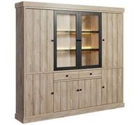 Bibliothèque 6 portes dont 2 vitrées et 2 tiroirs avec éclairage leds aspect bois finition Beach Oak - ROLYA - ALTOBUY Marron