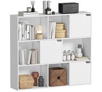Bibliothèque 9 Cubes - 3 Portes et 6 Niches Ouvertes - Meuble de Rangement Salon Bureau - 106x24x95cm - Blanc - Anti-Basculement