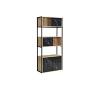 Bibliothèque avec 4 portes et 2 niches en MDF et acier - Effet marbre noir et naturel - YELANIA