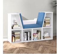 Bibliothèque banc 2 en 1 - 6 casiers + 3 coussins - 102L x 30P x 61H cm Blanc Bleu