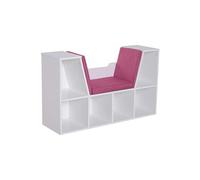 Bibliothèque banc 2 en 1 design contemporain 6 casiers 3 coussins fournis 102L x 30l x 61H cm blanc rose