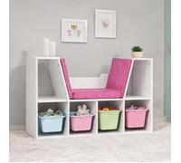 Bibliothèque banc 2 en 1 en panneaux de particules, warm pink, 102x30x61 cm, 6 compartiments ouverts, coussins de siège inclus