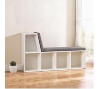 Bibliothèque banc blanche en panneaux de particules, 5 compartiments, 2 coussins, 108x30x60 cm