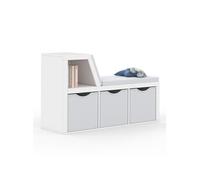 Bibliothèque banc OSCAR 4 cases avec coussins gris et bacs tissus 102 cm blanc