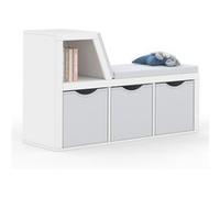 IDMarket Bibliothèque banc Oscar 4 cases avec coussins gris et bacs tissus 102 cm Blanc