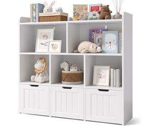Bibliothèque - Bealife - 3 Tiroirs sur Roulettes - 6 Étagères Ouvertes - Meuble Rangement Blanc - Chambre Enfant - 100x30x90cm