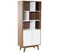 Bibliothèque Blanc et Bois Foncé 2 Portes en MDF 2 Etagères 10 Rangements Columb