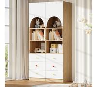 Bibliothèque blanche et aspect bois, 100 x 50 x 200 cm, lot de 2. Grande armoire de rangement avec portes cintrées, 6 étagères et 6 tiroirs dotés de poignées en céramique colorées