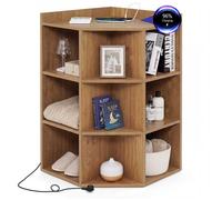 Bibliothèque d'Angle 3 Niveaux COSTWAY avec Station de Charge, Étagère Ouverte en Bois avec 9 Compartiments, 2 Ports USB, 4 Prises