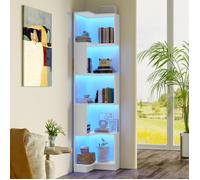 Bibliothèque d'Angle 5 Niveaux en MDF Blanc - avec LED Multicolores Contrôlables par Application - Design Épuré