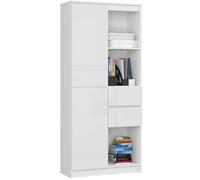 Bibliothèque de bureau AKORD R15 Blanche 80 cm 1 porte 2 tiroirs façade Blanche Brillante 7 étagères 80x35x180 cm