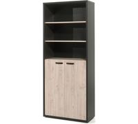 Bibliothèque DEPÉ – 2 portes et étagères – Chêne clair et noir – L90 x H216 x P40 cm