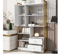 Bibliothèque Design-Armoire Contemporaine -Meuble de rangement-6 étagères,1 portes,2 troirs-100x30x173.5cm-Blanc+Doré
