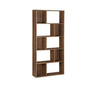 Bibliothèque design asymétrique couleur bois foncé noyer- Pieter - 5 étagères. 10 compartiments de rangement. 83x23x173cm