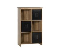 Bibliothèque design industriel - meuble de rangement 3 niches 3 casiers - panneaux particules aspect bois veinage portes métal noir