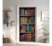 Bibliothèque Effet 3D Sticker Porte, Vintage Papier Autocollant Porte Mural Décoration, Livres Vieux Stickers Muraux Amovible PVC 95x215 cm