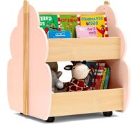 Bibliothèque en bois pour enfants avec roulettes, 2 niveaux, rose
