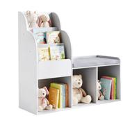 Bibliothèque Enfant avec Banc GIANTEX Meuble Rangement à 3 Niveaux & 3 Cubes Range-jouets Coussin Amovible 3 Ans+