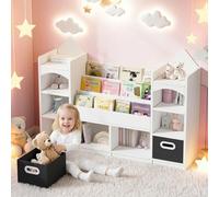 Bibliothèque enfant blanche château avec boîtes de rangement 130x30x90 cm | Fixation murale incluse et bacs souples : sécurité renforcée et rangement modulable pour une chambre enfant ordonnée.