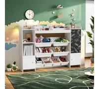 Bibliothèque enfant, Étagère à 4 Niveaux avec 5 Compartiments et 8 Bacs Amovibles, pour Chambre Salon Salle de Jeu, Blanc